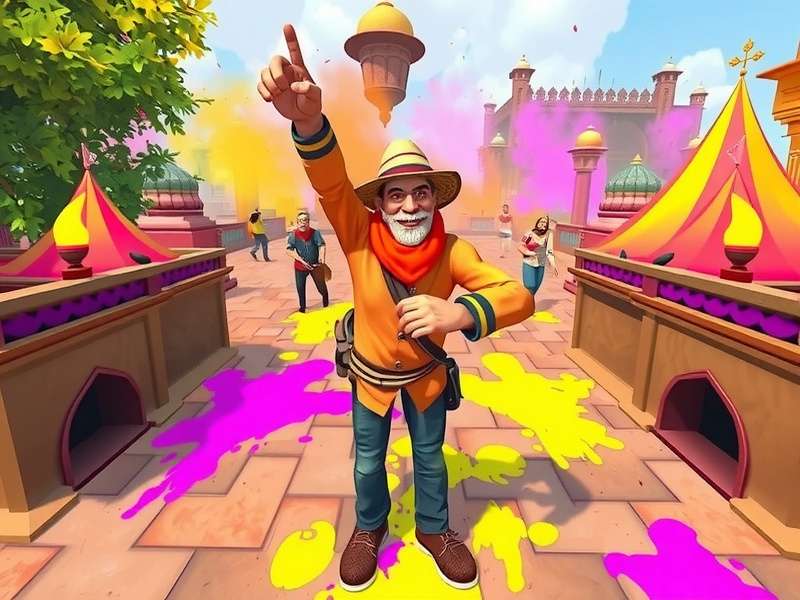 Holi Merriment Madness gameplay screenshot showing colorful festival environment
